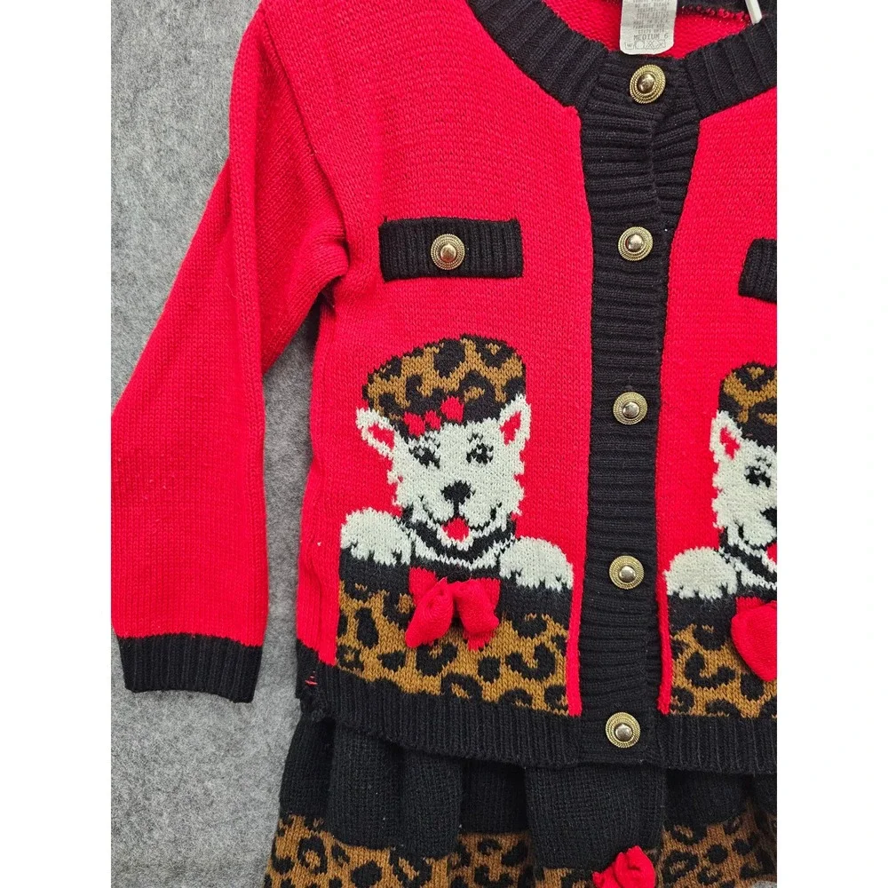 Jet Set Sweaters Vintage Kids Red Leopard Puppy Knit Cardigan Skirt Set Size‎ 6